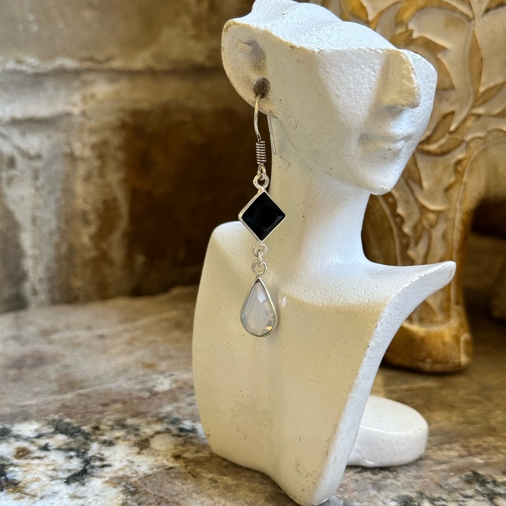 Silver Opalite Onyx Stone Earrings